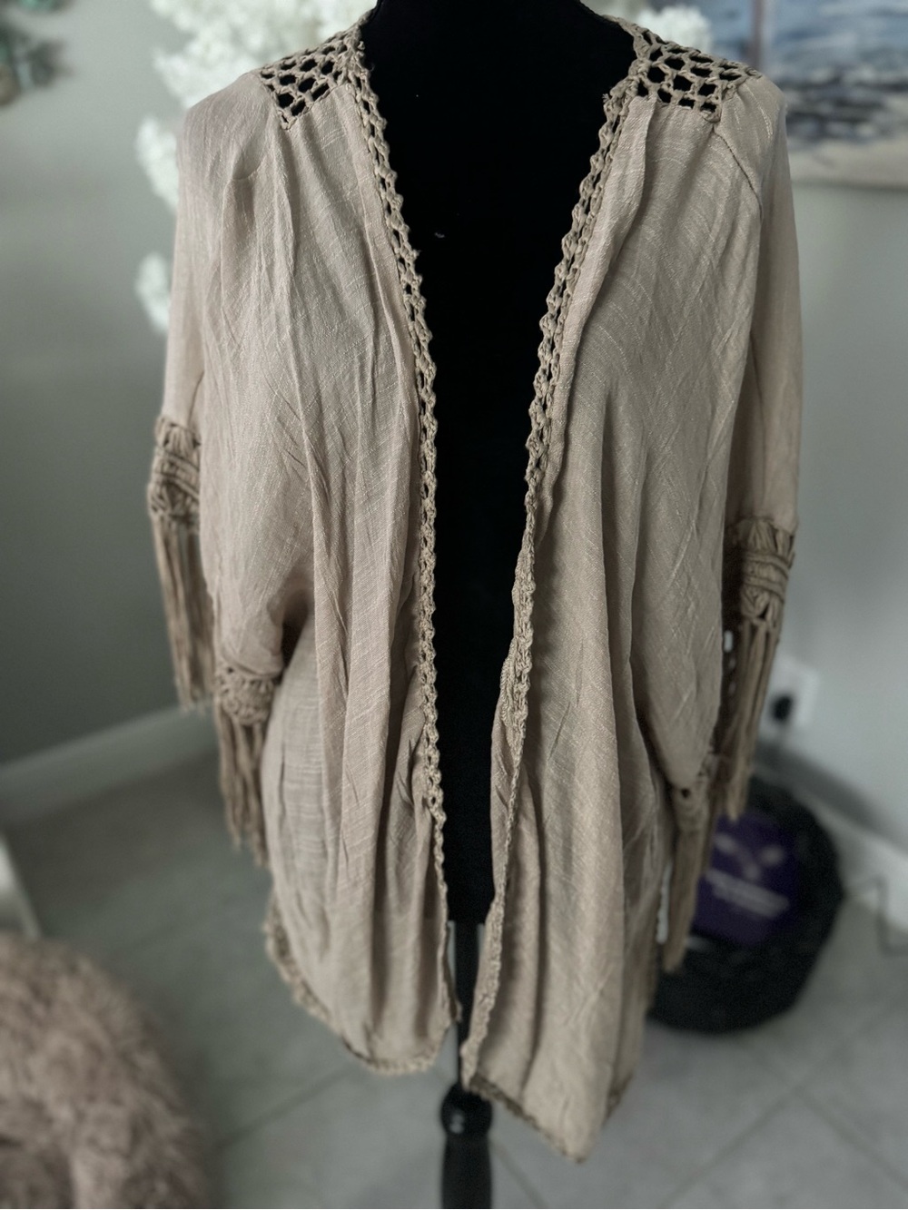 Boho Crochet Trim Open Cardigan - Beige NWT